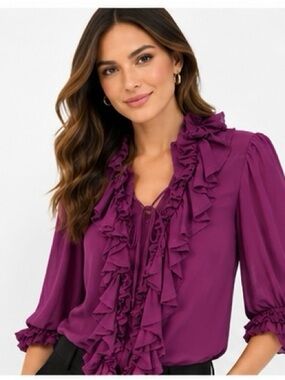 GUESS by Marciano 100% Silk Ruffle Blouse | Plum Purple | Size Small